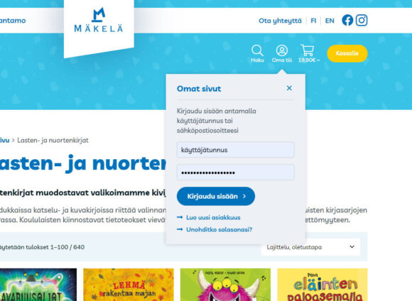 WooCommerce-verkkokauppa: Kustannus-Mäkelä kirjakauppa, omat sivut - Mediakumpu