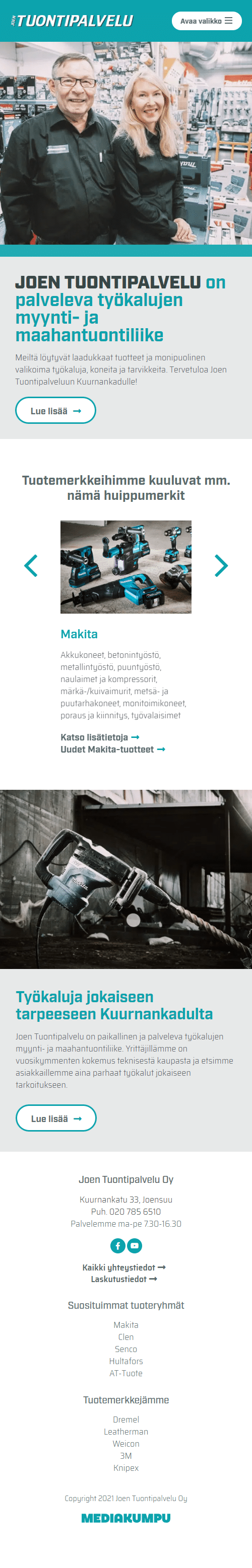 Joen Tuontipalvelu kotisivut, mobiilinäkymä - Mediakumpu