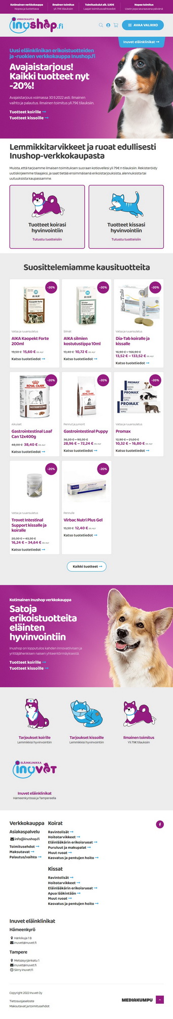 InuShop verkkokauppa mobiilinäkymä, Lemmikkitarvikkeet ja ruoat - Mediakumpu Oy verkkokaupat ja kotisivut yrityksille