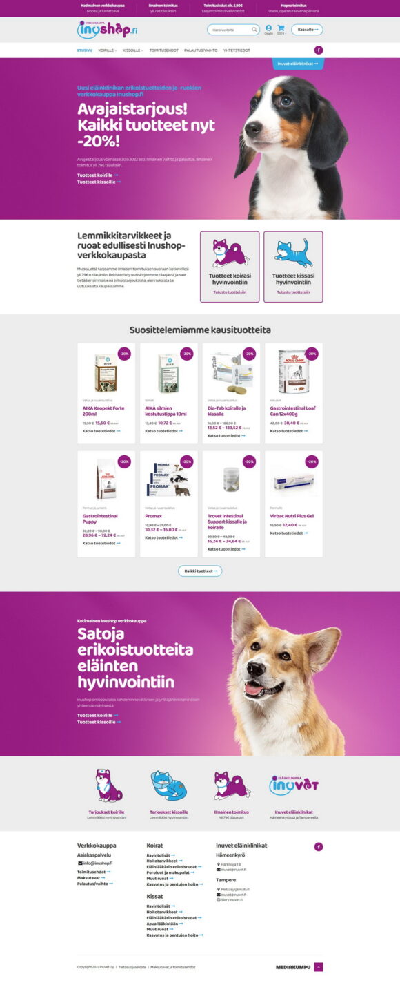InuShop verkkokaupan etusivu, Lemmikkitarvikkeet ja ruoat - Mediakumpu Oy verkkokaupat ja kotisivut yrityksille